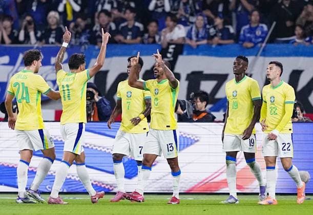 Football: Friendly between Japan and Brazil Brazil players celebrate after opening the scoring in the first half of an international football friendly against Japan at Ajinomoto Stadium in Chofu, Tokyo, on Oct. 14, 2025.  A14AA0004942028P