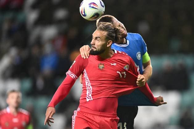 (251015) -- TALLINN, Oct. 15, 2025 -- Virgiliu Postolachi (front) of Moldova and Maksim Paskotsi of Estonia vie for a header during the FIFA World Cup, WM, Weltmeisterschaft, Fussball 2026 European Qualifiers Group I match between Moldova and Estonia in Tallinn, Estonia, Oct. 14, 2025. (Photo by Xinhua) (SP)ESTONIA-TALLINN-FOOTBALL-FIFA WORLD CUP-EUROPEAN QUALIFIERS-ESTONIA VS MOLDOVA SergeixStepanov 