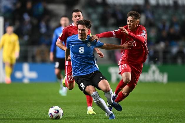 (251015) -- TALLINN, Oct. 15, 2025 -- Estonian Markus Soomets (L) of Estonia vies with Sergiu Perciun of Moldova during the FIFA World Cup, WM, Weltmeisterschaft, Fussball 2026 European Qualifiers Group I match between Moldova and Estonia in Tallinn, Estonia, Oct. 14, 2025. (Photo by Xinhua) (SP)ESTONIA-TALLINN-FOOTBALL-FIFA WORLD CUP-EUROPEAN QUALIFIERS-ESTONIA VS MOLDOVA SergeixStepanov 