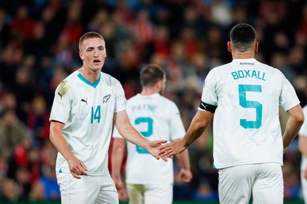 Norway v New Zealand, football friendly, Oslo, Norway Oslo, Norway. 14th, October 2025. Finn Surman (14) and Michael Boxall (5) of New Zealand seen during the football friendly between Norway and New Zealand at Ullevaal Stadion in Oslo. Norway, Oslo  Copyright: xGonzalesxPhoto KetilxMartinsenx