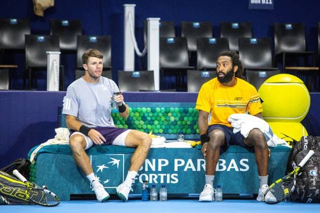 German Yannick Hanfmann and US Evan King pictured during the European Open ATP, Tennis Herren tennis tournament in Brussels, on Wednesday 15 October 2025. This year s edition of the tournament is taking place from 12 to 19 October 2025. ZENOxDRUYTS  x136856177x