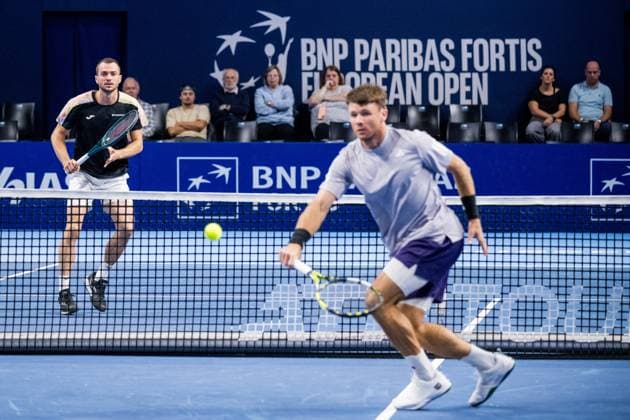Spanish Pedro Martinez and US Christian Harrison pictured in action during the European Open ATP, Tennis Herren tennis tournament in Brussels, on Wednesday 15 October 2025. This year s edition of the tournament is taking place from 12 to 19 October 2025. JASPERxJACOBS  x136856413x