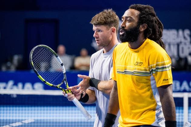 US Christian Harrison and US Evan King pictured in action during the European Open ATP, Tennis Herren tennis tournament in Brussels, on Wednesday 15 October 2025. This year s edition of the tournament is taking place from 12 to 19 October 2025. JASPERxJACOBS  x136857355x