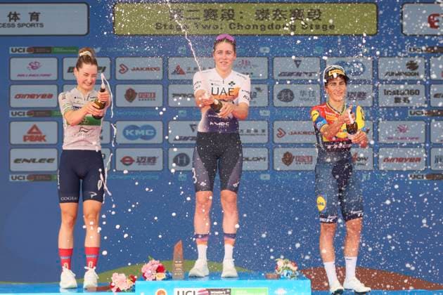 (251015) -- SHANGHAI, Oct. 15, 2025 -- Sofie Van Rooijen (C) of UAE Team ADQ, Mia Griffin (L) of Roland Le Devoluy and Elisa Balsamo of Lidl-Trek celebrate on the podium after Stage 2 of the UCI Women s WorldTour Tour of Chongming Island Road cycling, Rad, Radsport, Strasse race in Shanghai, east China, Oct. 15, 2025. ) (SP)CHINA-SHANGHAI-CYCLING-UCI WOMEN S WORLDTOUR-TOUR OF CHONGMING ISLAND (CN) WangxXiang 