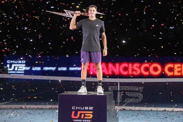 UTS Hong Kong 2025 Day 2 Francisco Cerundolo celebrates after winning final match at UTS Hong Kong 2025 at Kai Tak Arena, Kai Tak Sports Park on October 15, 2025 in Hong Kong. (Photo by Gordon Choi TMHK via Nexpher Images)