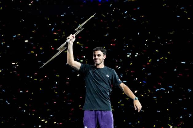 UTS Hong Kong 2025 Day 2 Argentine Tennis Player Francisco Cerundolo receiving his trophy after winning the UTS Hong Kong on October 15, 2025 in Hong Kong. (Photo by Vernon Yuen Nexpher Images)