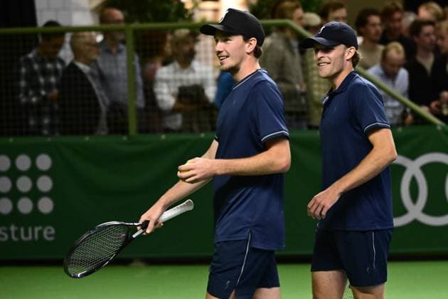 STOCKHOLM, SWEDEN 20251015 Adam Heinonen and Erik Grevelius in their doubles match against Simone Bolelli and Andrea Vavassori, Italy, during the tennis tournament BNP Paribas Nordic Open in the Royal Tennis Hall. STOCKHOLM SWEDEN x10030x