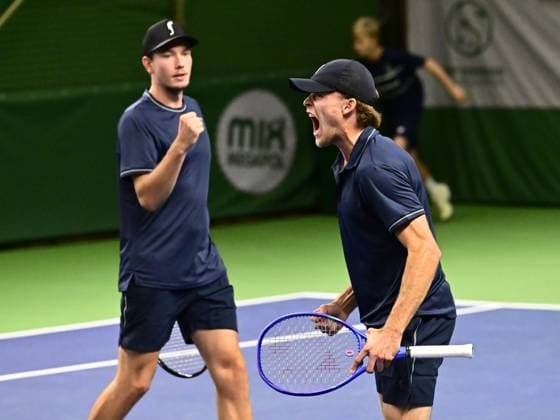 STOCKHOLM, SWEDEN 20251015 Erik Grevelius and Adam Heinonen in their doubles match against Simone Bolelli and Andrea Vavassori, Italy, during the tennis tournament BNP Paribas Nordic Open in the Royal Tennis Hall. STOCKHOLM SWEDEN x10030x
