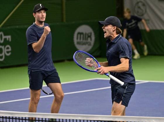 STOCKHOLM, SWEDEN 20251015 Erik Grevelius and Adam Heinonen in their doubles match against Simone Bolelli and Andrea Vavassori, Italy, during the tennis tournament BNP Paribas Nordic Open in the Royal Tennis Hall. STOCKHOLM SWEDEN x10030x