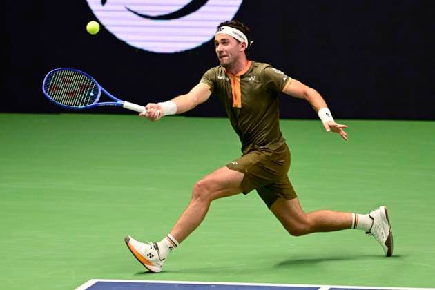 STOCKHOLM, SWEDEN 20251015 Casper Ruud, Norway, in his match against Marin Cilic, Croatia, during the BNP Paribas Nordic Open tennis tournament at the Royal Swedish Tennis Hall. STOCKHOLM SWEDEN x10030x