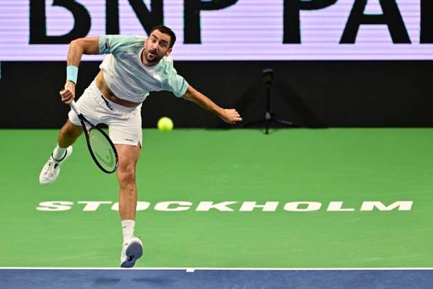STOCKHOLM, SVERIGE 20251015 Marin Cilic, Kroatien, i sin match mot Casper Ruud, Norge, under tennisturneringen BNP Paribas Nordic Open i Kungliga tennishallen. STOCKHOLM SVERIGE x10030x
