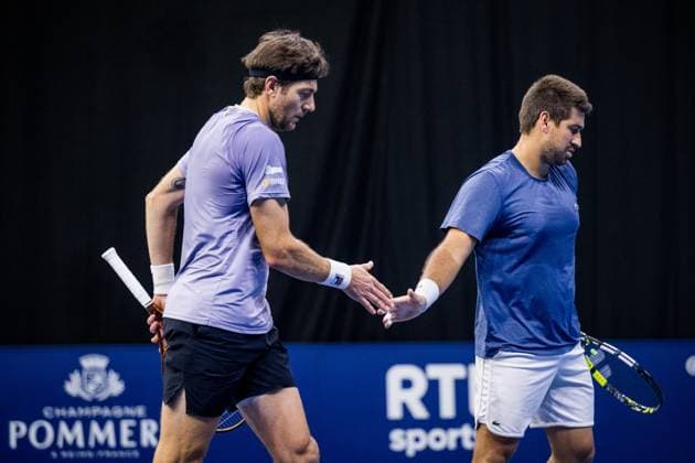 Spanish Marcelo Demoliner and Spanish Orlando Luz pictured in action during the European Open ATP, Tennis Herren tennis tournament in Brussels, on Wednesday 15 October 2025. This year s edition of the tournament is taking place from 12 to 19 October 2025. JASPERxJACOBS  x136892966x