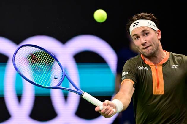 STOCKHOLM, SWEDEN 20251015 Casper Ruud, Norway, in his match against Marin Cilic, Croatia, during the BNP Paribas Nordic Open tennis tournament at the Royal Swedish Tennis Hall. STOCKHOLM SWEDEN x10030x