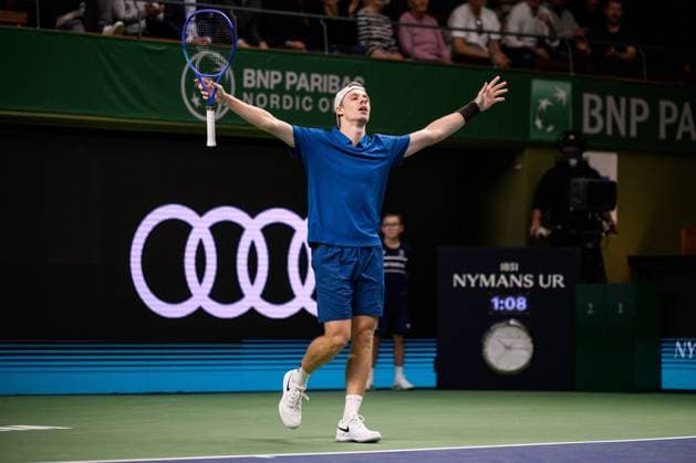 251015 Denis Shapovalov of Canada celebrates as he competes in a men s singles tennis match during day 5 of the ATP, Tennis Herren 250 Nordic Open on October 15, 2025 in Stockholm. Photo: Jesper Zerman BILDBYRAN kod JZ JZ0628 tennis tennis nordic open day 5 bbeng jubel celebrates Copyright: JESPERxZERMAN BB251015JZ047