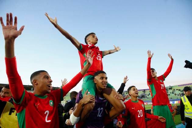 Futbol, Marruecos vs Francia. Mundial sub 20, Chile 2025. Jugadores de Marruecos celebran con sus companeros tras un partido de semifinal del mundial sub 20 contra Francia realizado en el estadio Elias Figueroa de Valparaiso, Chile. 15 10 2025 Sebastian Cisternas Photosport Football, Morocco vs France. U-20 World Cup Championship. Morocco™s players celebrate with temmates after a semifinal match of the U-20 World Cup against France at the Elias Figueroa stadium in Valparaiso, Chile. 15 10 2025 Sebastian Cisternas Photosport Marruecos vs Francia. Mundial sub 20, Chile 2025 