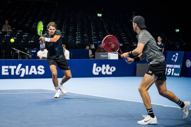 Petr Nouza and Patrik Rikl pictured in action during the European Open ATP, Tennis Herren tennis tournament in Brussels, on Thursday 16 October 2025. This year s edition of the tournament is taking place from 12 to 19 October 2025. JASPERxJACOBS  x136962575x
