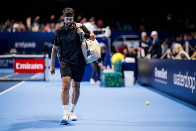 Georgia s Nikoloz Basilashvili looks dejected after the European Open ATP, Tennis Herren tennis tournament in Brussels, on Thursday 16 October 2025. This year s edition of the tournament is taking place from 12 to 19 October 2025. JASPERxJACOBS  x136964970x