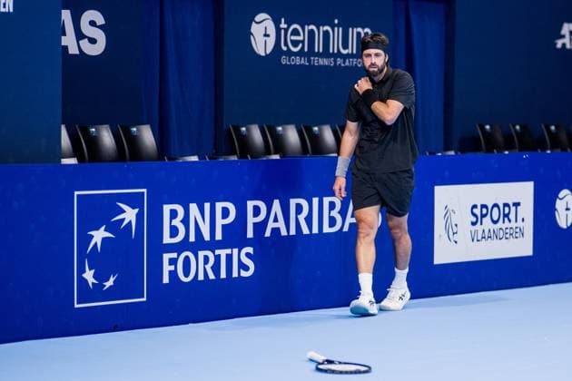 Georgian Nikoloz Basilashvili looks injured during the European Open ATP, Tennis Herren tennis tournament in Brussels, on Thursday 16 October 2025. This year s edition of the tournament is taking place from 12 to 19 October 2025. JASPERxJACOBS  x136965097x