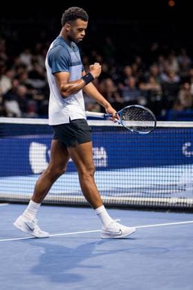 French Giovanni Mpetshi Perricard celebrates during the European Open ATP, Tennis Herren tennis tournament in Brussels, on Thursday 16 October 2025. This year s edition of the tournament is taking place from 12 to 19 October 2025. JASPERxJACOBS  x136965247x