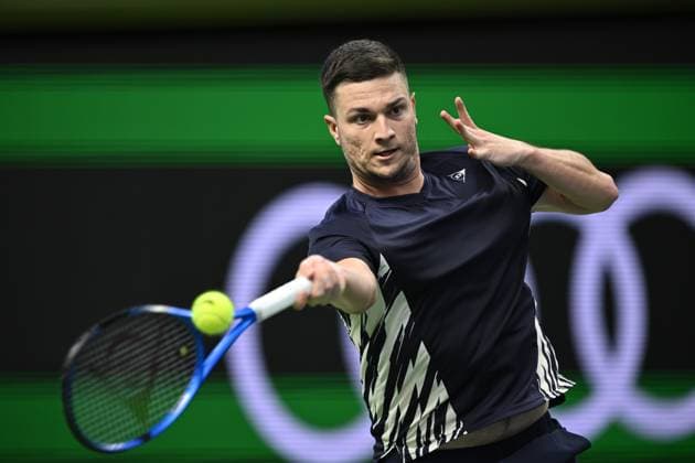 STOCKHOLM, SVERIGE 20251016 Miomir Kecmanovic, Serbien, i sin match mot Tomas Martin Etcheverry, Argentina, i tennisturneringen BNP Paribas Nordic Open i Kungliga tennishallen. STOCKHOLM SVERIGE x10040x