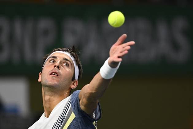 STOCKHOLM, SWEDEN 20251016 Miomir Kecmanovic, Serbia, in his match against Tomas Martin Etcheverry, Argentina, in the BNP Paribas Nordic Open tennis tournament at the Royal Tennis Hall. STOCKHOLM SWEDEN x10040x