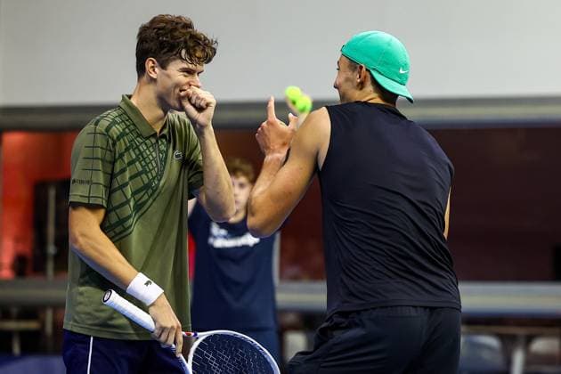 Belgian Alexander Blockx and Belgian Tibo Colson pictured during the European Open ATP, Tennis Herren tennis tournament in Brussels, on Thursday 16 October 2025. This year s edition of the tournament is taking place from 12 to 19 October 2025. DAVIDxPINTENS  x136969829x