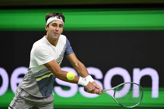 STOCKHOLM, SWEDEN 20251016 Miomir Kecmanovic, Serbia, in his match against Tomas Martin Etcheverry, Argentina, in the BNP Paribas Nordic Open tennis tournament at the Royal Tennis Hall. STOCKHOLM SWEDEN x10040x