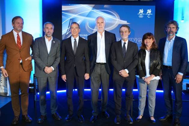 Unveling concept opening ceremony Milano-Cortina 2026, F L, Marco Balic, Andrea Varnier, Giuseppe Sala, Giovanni MalagÃ², Attilio Fontana, Maria Laura Iascone, Damiano Tommasi,16 October 2025, Milan (photo Gian Mattia D™Alberto Lapresse)  Copyright: xGianxMattiaxD Albertox-xLaPressex