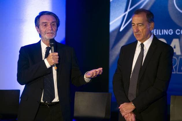 foto Mario Romano IPP Milano 16 10 2025 Conferenza Stampa: -Unveiling Concept Opening Ceremony - Milano Cortina 2026- nella foto Attilio fontana, presidente Regione Lombardia e Giuseppe Sala, sindaco di Milano Italy Photo Press - World Copyright italy ITALY  Copyright: xR4924_italyphotopressx