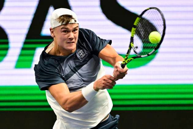 STOCKHOLM, SWEDEN 20251016 Holger Rune, Denmark, in his match against Marton Fucsovics, Hungary, during the BNP Paribas Nordic Open tennis tournament at the Royal Swedish Tennis Hall. STOCKHOLM SWEDEN x10030x