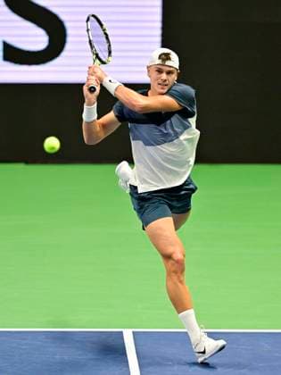 STOCKHOLM, SWEDEN 20251016 Holger Rune, Denmark, in his match against Marton Fucsovics, Hungary, during the BNP Paribas Nordic Open tennis tournament at the Royal Swedish Tennis Hall. STOCKHOLM SWEDEN x10030x
