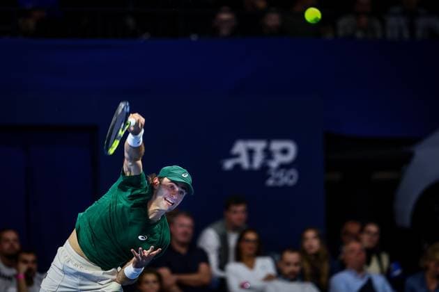 USA s Eliot Spizzirri pictured in action during the European Open ATP, Tennis Herren tennis tournament in Brussels, on Thursday 16 October 2025. This year s edition of the tournament is taking place from 12 to 19 October 2025. DAVIDxPINTENS  x136994926x