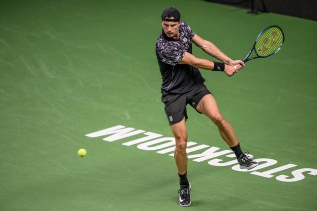 251016 Marton Fucsovics of Hungary competes in a men s singles tennis match during day 6 of the ATP, Tennis Herren 250 Nordic Open on October 16, 2025 in Stockholm. Photo: Jesper Zerman BILDBYRAN kod JZ JZ0629 tennis nordic open nordic open 2024 bbeng Copyright: JESPERxZERMAN BB251016JZ059