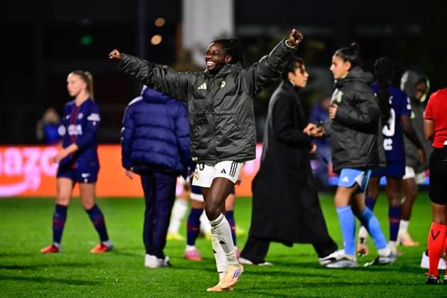 FOOTBALL : PSG vs Real Madrid - Ligue des Champions Feminine - 15 10 2025 Naomie Feller ( 20 - Real Madrid ) celebrates following the UEFA Women s Champions League match between Paris Saint Germain and Real Madrid CF at Campus de Poissy on october 15, 2025 in Possy, France. ( Photo by Federico Pestellini PsnewZ ) - PossyFrance  Copyright: xFedericoxPestellinix