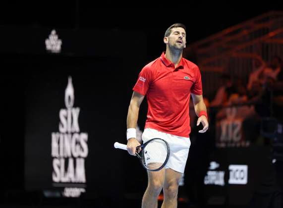 (251017) -- RIYADH, Oct. 17, 2025 -- Novak Djokovic of Serbia reacts during the semifinal match against Jannik Sinner of Italy at the Six Kings Slam tennis tournament in Riyadh, Saudi Arabia, Oct. 16, 2025. ) (SP)SAUDI ARABIA-RIYADH-TENNIS-6 KINGS SLAM-SEMIFINAL WangxHaizhou 