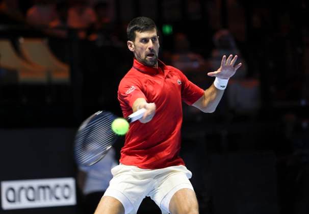 (251017) -- RIYADH, Oct. 17, 2025 -- Novak Djokovic of Serbia returns the ball during the semifinal match against Jannik Sinner of Italy at the Six Kings Slam tennis tournament in Riyadh, Saudi Arabia, Oct. 16, 2025. ) (SP)SAUDI ARABIA-RIYADH-TENNIS-6 KINGS SLAM-SEMIFINAL WangxHaizhou 