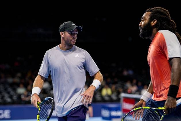 US Christian Harrison and US Evan King pictured in action during the European Open ATP, Tennis Herren tennis tournament in Brussels, on Friday 17 October 2025. This year s edition of the tournament is taking place from 12 to 19 October 2025. JASPERxJACOBS  x137033195x