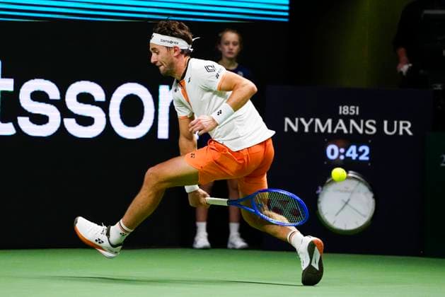 STOCKHOLM, SVERIGE 20251017 Norges Casper Ruud i sin kvartsfinal mot Sebastian Korda, USA, under tennisturneringen BNP Paribas Nordic Open i Kungliga tennishallen. STOCKHOLM SVERIGE x11288x
