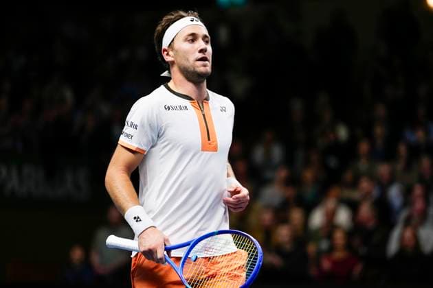 STOCKHOLM, SVERIGE 20251017 Norges Casper Ruud i sin kvartsfinal mot Sebastian Korda, USA, under tennisturneringen BNP Paribas Nordic Open i Kungliga tennishallen. STOCKHOLM SVERIGE x11288x