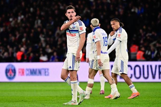 FOOTBALL : PSG vs Strasbourg - Ligue1 - 16 10 2025 Joaquin Panichelli ( 9 - Strasbourg ) celebrates after scoring during the Ligue 1 match between Paris Saint Germain and RC Strasbourg Alsace at Parc Des Princes on October 16 , 2025 in Paris, France. ( Photo by Federico Pestelini PsnewZ ) - ParisFrance  Copyright: xFedericoxPestelinix
