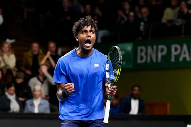 STOCKHOLM, SWEDEN 20251017 Sweden s Elias Ymer celebrates during the quarterfinal match against Canada s Denis Shapovalov during the BNP Paribas Nordic Open tennis tournament at the Royal Swedish Tennis Hall. STOCKHOLM SWEDEN x11288x