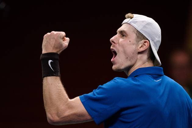 251017 Denis Shapovalov of Canada celebrates in a men s single quarter final tennis match during day 7 of the Nordic Open on October 17, 2025 in Stockholm. Photo: Simon Hastegard BILDBYRAN kod SH SH0654 tennis nordic open 7 bbeng jubel Copyright: SIMONxHASTEGARD BB251017SH054