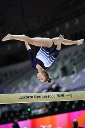Dulcy Caylor, USA, during podiumtraining at 2025 Worlds in Jakarta; 18 10 2025; *** Dulcy Caylor, USA, during podiumtraining at 2025 Worlds in Jakarta 18 10 2025 