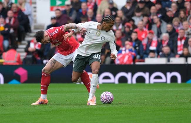 Morato of Nottingham Forest challenges for the ball against Joao Pedro of Chelsea FC during the Premier league football match between Nottingham Forest and Chelsea FC at City Ground in Nottingham. Copyright: xPaulxBonser SportsxPressxPhotox Sportspressphoto_SPR43823