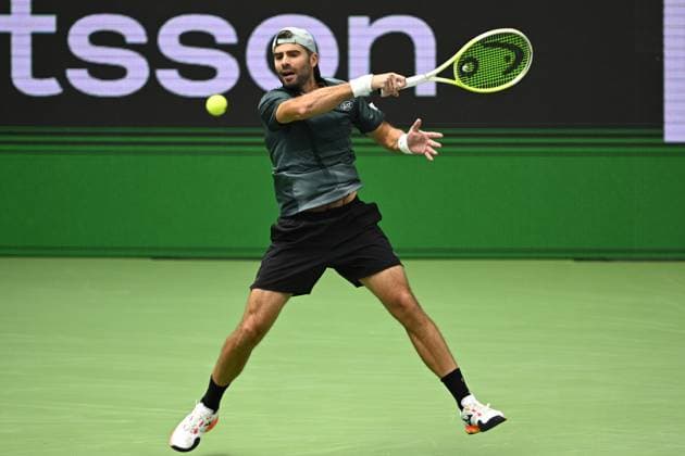 STOCKHOLM, SWEDEN 20251018 Italy s Simone Bolelli plays a doubles match with Andrea Vavassori and faces Austria s Alexander Erler and USA s Robert Galloway in the semifinals during the BNP Paribas Nordic Open tennis tournament at the Royal Swedish Tennis Hall. STOCKHOLM SWEDEN x10040x