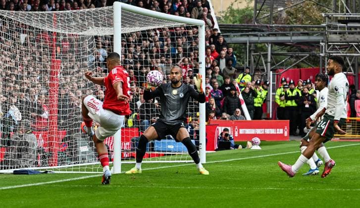 18th October 2025; The City Ground, Nottingham, England; Premier League Football, Nottingham Forest versus Chelsea; Murillo of Nottingham Forest pulls the ball back into the box from an acute angle  GodfreyxPitt