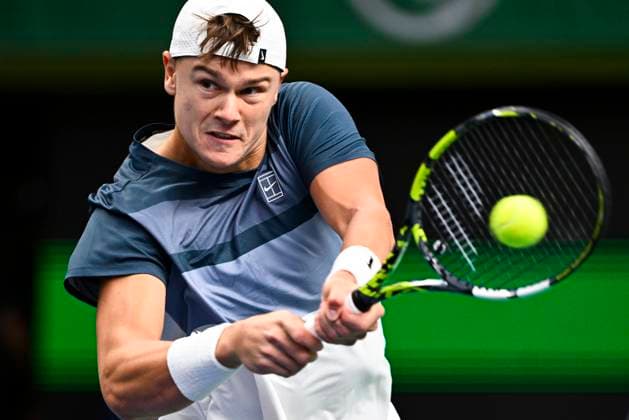 STOCKHOLM, SVERIGE 20251018 Danmarks Holger Rune möter Frankrikes Ugo Humbert i semifinal under tennisturneringen BNP Paribas Nordic Open i Kungliga tennishallen. STOCKHOLM SVERIGE x10040x