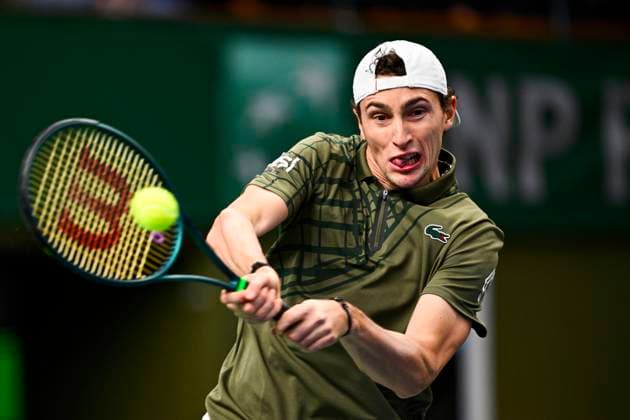 France s Ugo Humbert meets Denmark s Holger Rune in the semifinals of the BNP Paribas Nordic Open tennis tournament at the Royal Swedish Tennis Hall in Stockholm, Sweden, Saturday, October 18, 2025. STOCKHOLM SWEDEN x10040x