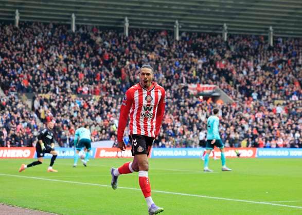 Sunderland v Wolverhampton Wanderers Premier League Wilson Isidor of Sunderland celebrates scoring his teams first goal which is later disallowed for offside following a VAR review during the Premier League match at the Stadium of Light, Sunderland UK Newspapers OUT Copyright: xFredxPalmerx FIL-22368-0107