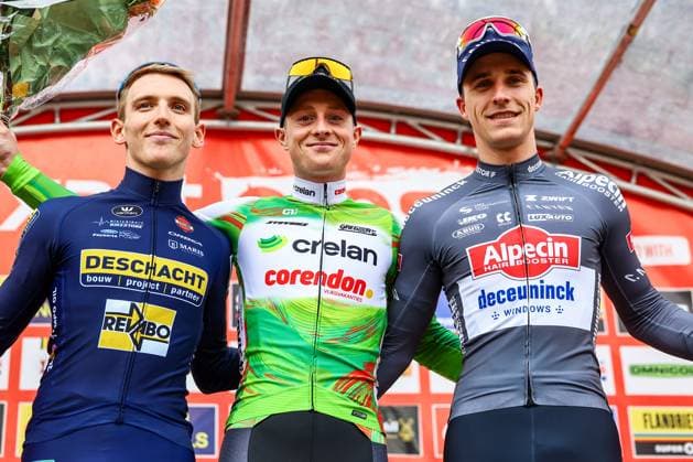 Belgian Victor Van de Putte, Belgian Toon Vandebosch and Belgian Niels Vandeputte pictured on the podium after the men s elite race of the Exact Cross Essen, stage 2 (out of 7) in the Exact Cross cyclocross competition, Saturday 18 October 2025, in Essen. DAVIDxPINTENS  x137164395x